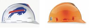 DESCRIPTION: (6) NFL V-GARD HARD HAT BRAND/MODEL: MSA/818391 INFORMATION: CLEVELAND BROWNS & BUFFALO BILLS/CLASS E RETAIL$: 41.90 EACH SIZE: 6-1/2 TO