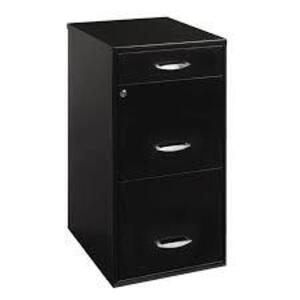 DESCRIPTION: (1) 3 DRAWER ORGANIZER FILE CABINET BRAND/MODEL: SPACE SOLUTIONS INFORMATION: BLACK RETAIL$: $70.00 SIZE: 18" QTY: 1