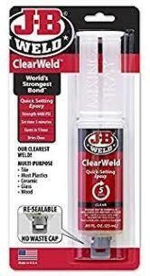 DESCRIPTION: (6) CLEARWELD SYRINGE QUICK SETTING EPOXY BRAND/MODEL: J-B WELD #50112 RETAIL$: $30.00 TOTAL SIZE: 0.85 OZ QTY: 6