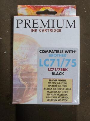 DESCRIPTION: (6) INK CARTRIDGE BRAND/MODEL: PREMIUM #LC71/75 INFORMATION: BLACK RETAIL$: $30.00 EA SIZE: COMPATIBLE WITH BROTHER QTY: 6