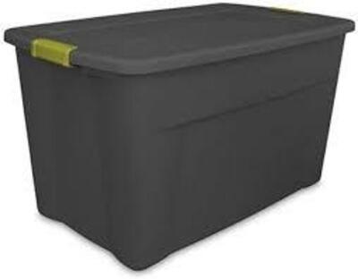 DESCRIPTION: (1) LATCHING TOTE BRAND/MODEL: STERILITE #19453V04 INFORMATION: BLACK RETAIL$: $25.00 EA SIZE: 35 GALLON QTY: 1