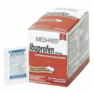 DESCRIPTION: (2) BOXES OF (100) PACKS OF (2) REGULAR STRENGTH IBUPROFEN BRAND/MODEL: MEDI-FIRST #3NNW6 RETAIL$: $12.32 EA SIZE: 200 MG QTY: 2