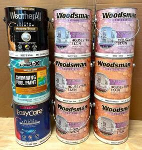 ASSORTED PAINT AND WOOD STAIN AS SHOWN