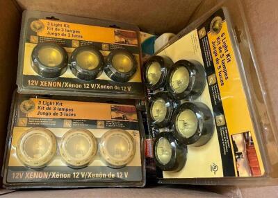 BOX OF ASSORTED 12V XENON LED PUCK LIGHT KITS.