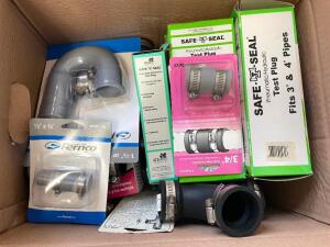 BOX OF ASSORTED PLUMBING HARDWARE AND RUBBER FITTINGS