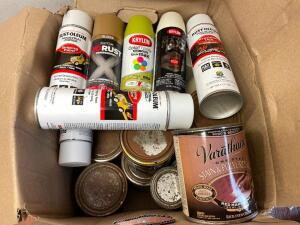 BOX OF ASSORTED SPRAY PAINTS.