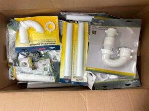 BOX OF ASSORTED PVC PLUMBING HARDWARE,