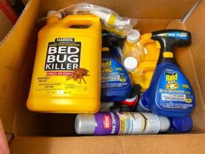 BOX OF ASSORTED BEDBUG CHEMICALS AND SPRAYS.