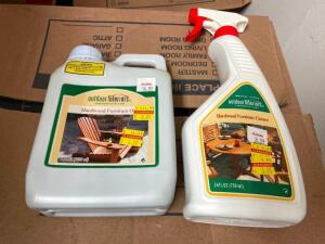 BOX OF ASSORTED HARDWOOD FURNITURE CLEANER AND OUTDOOR PATIO CLEANER