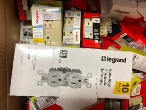 BOX OF ASSORTED ELECTRICAL HARDWARE, OUTLETS, AND SWITCHES