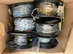 (6) ASSORTED PARTIAL ROLLS OF METAL AND PLASTIC CHAIN.