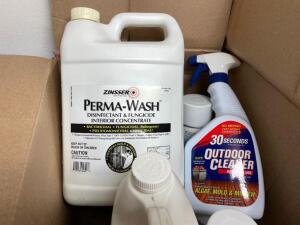 BOX OF ASSORTED CLEANERS AND DISINFECTANT