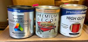 BOX OF ASSORTED SMALLER CANS OF PAINT, STAIN, AND PRIMER.