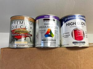 BOX OF ASSORTED SMALLER CANS OF PAINT, STAIN, AND PRIMER.