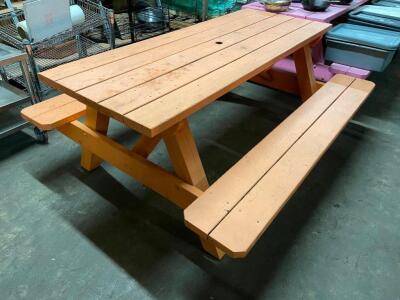 DESCRIPTION: 8' WOODEN PICNIC TABLE W/ BENCH SEAT - BROWN SIZE: 96" LONG LOCATION: BAY 7 QTY: 1