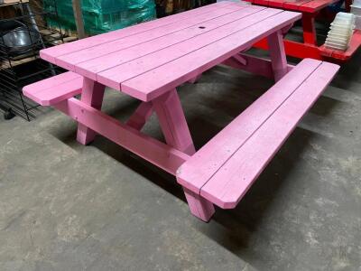 DESCRIPTION: 8' WOODEN PICNIC TABLE W/ BENCH SEAT - PINK SIZE: 96" LONG LOCATION: BAY 7 QTY: 1