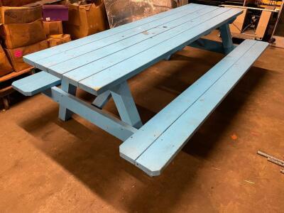 DESCRIPTION: 8' WOODEN PICNIC TABLE W/ BENCH SEAT - BLUE SIZE: 96" LONG LOCATION: BAY 7 QTY: 1