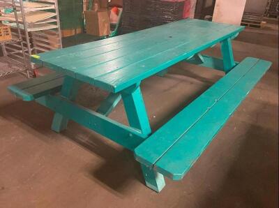 DESCRIPTION: 8' WOODEN PICNIC TABLE W/ BENCH SEAT - AQUA SIZE: 96" LONG LOCATION: BAY 6 QTY: 1