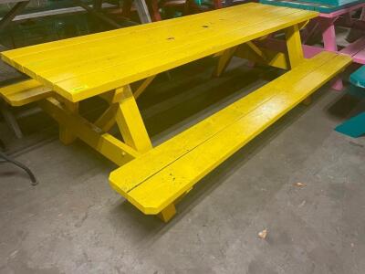 DESCRIPTION: 8' WOODEN PICNIC TABLE W/ BENCH SEAT - YELLOW SIZE: 96" LONG LOCATION: BAY 6 QTY: 1