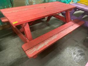DESCRIPTION: (2) 72" WOODEN PICNIC TABLE W/ BENCH SEAT - MAROON AND YELLOW SIZE: 72" LONG LOCATION: BAY 6 THIS LOT IS: SOLD BY THE PIECE QTY: 2
