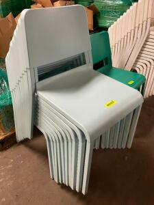 DESCRIPTION: (10) LIGHT BLUE PLASTIC PATIO STACK CHAIRS LOCATION: BAY 7 THIS LOT IS: SOLD BY THE PIECE QTY: 10