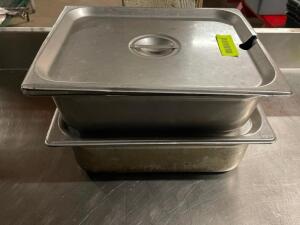 DESCRIPTION: (2) HALF SIZE STAINLESS INSERTS W/ LIDS SIZE: 4" DEEP LOCATION: BAY 7 THIS LOT IS: SOLD BY THE PIECE QTY: 2