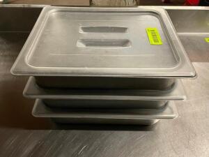 DESCRIPTION: (3) HALF SIZE STAINLESS INSERTS W/ PLASTIC LIDS. SIZE: 2" DEEP LOCATION: BAY 7 THIS LOT IS: SOLD BY THE PIECE QTY: 3