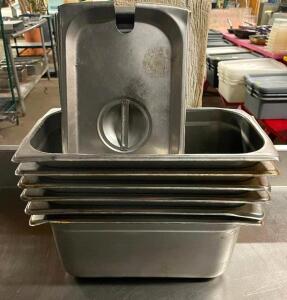 DESCRIPTION: (6) 1/2 SIZE STAINLESS INSERTS W/ LIDS SIZE: 6" DEEP LOCATION: BAY 7 THIS LOT IS: SOLD BY THE PIECE QTY: 6