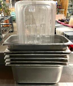 DESCRIPTION: (6) 1/2 SIZE STAINLESS INSERTS W/ PLASTIC LIDS SIZE: 6" DEEP LOCATION: BAY 7 THIS LOT IS: SOLD BY THE PIECE QTY: 6