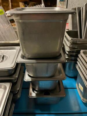 DESCRIPTION: (4) ASSORTED 1/6TH SIZE STAINLESS INSERTS W/ LIDS LOCATION: BAY 7 THIS LOT IS: SOLD BY THE PIECE QTY: 4