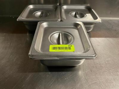 DESCRIPTION: (6) 1/6TH SIZE STAINLESS INSERTS W/ LIDS SIZE: 2" DEEP LOCATION: BAY 7 THIS LOT IS: SOLD BY THE PIECE QTY: 6