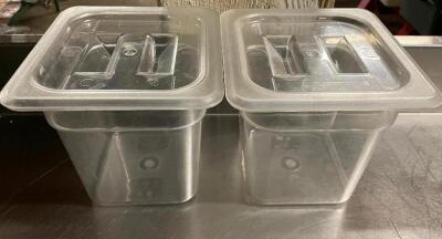 DESCRIPTION: (6) 1/6 SIZE PLASTIC INSERTS W/ LIDS SIZE: 6" DEEP LOCATION: BAY 7 THIS LOT IS: SOLD BY THE PIECE QTY: 6