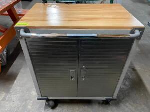 DESCRIPTION: 28" WOODEN TOP ROLL ABOUT TWO DOOR CABINET LOCATION: BAY 7 QTY: 1