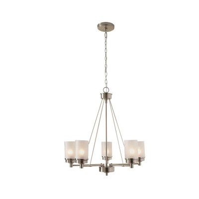 HILLCREST 5-LIGHT BRUSHED NICKEL CHANDELIER WITH FROSTED GLASS SHADES