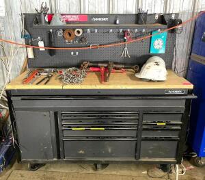 DESCRIPTION: 60" X 24" WOODEN TOPPED WORKBENCH ON CASTERS BRAND/MODEL: HUSKY INFORMATION: HAS ELECTRICAL OUTLETS ON SIDE LOCATION: SHOP QTY: 1