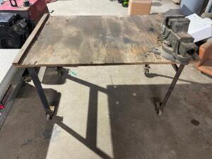 DESCRIPTION: 48" X 36" ROLL ABOUT WOODEN TABLE W/ 5" VICE. LOCATION: SHOP QTY: 1