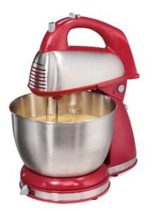 DESCRIPTION: (1) CLASSIC STAND MIXER BRAND/MODEL: HAMILTON BEACH/64654 INFORMATION: 6-SPEEDS/RED & STAINLESS STEEL RETAIL$: 49.99 SIZE: 14.25"H X 13.2