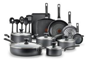 DESCRIPTION: (1) EASY CARE COOKWARE SET BRAND/MODEL: T-FAL/B087SKDW INFORMATION: 20-PIECES/GREY RETAIL$: 79 SIZE: 4.5"WONDER/8"FRYPAN/10.5"FRY PAN/10.