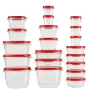 DESCRIPTION: (1) EASY FIND FOOD STORAGE SET BRAND/MODEL: RUBBERMAID INFORMATION: RED & CLEAR/40-PIECES RETAIL$: 33.99 QTY: 1