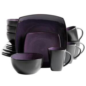 DESCRIPTION: (1) STONEWARE DINNERWARE SET BRAND/MODEL: GIBSON HOME/61694.16R INFORMATION: BLACK & PURPLE/16-PIECES RETAIL$: 49.99 SIZE: 12.75"SQUARE D