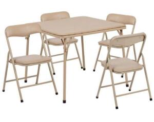 DESCRIPTION: (1) FOLDING TABLE & CHAIR SET BRAND/MODEL: FLASH FURNITURE/JB-9-KID-TN-GG INFORMATION: TAN/5-PIECES RETAIL$: 308 SIZE: 20.25"H X 24"W X 2