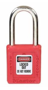 DESCRIPTION: (12) LOCKOUT PADLOCK BRAND/MODEL: MASTER LOCK/410MKW417REDLZ2 INFORMATION: RED/THEMOPLASTICS RETAIL$: 14.48 EACH SIZE: 1-1/2"SHACKLE H X