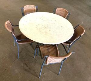 DESCRIPTION: 36" FIBERGLASS PATIO TABLE WITH (5) WICKER/METAL PATIO CHAIRS QTY: 1