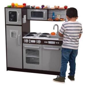 DESCRIPTION: (1) UPTOWN PLAY KITCHEN SET BRAND/MODEL: KIDKRAFT/53388 INFORMATION: SILVER & EXPRESSO/30-PIECES RETAIL$: 199.99 SIZE: 43"L X 17.75"W X 4