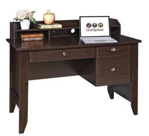DESCRIPTION: (1) EXECUTIVE DESK BRAND/MODEL: ONESPACE/50-1617 INFORMATION: ESPRESSO/WITH HUTCH/USB CHARGER RETAIL$: 324.99 SIZE: 21-1/2" X 47-1/4" X 3