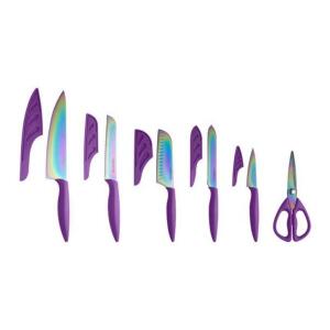 DESCRIPTION: (1) CUTLERY SET BRAND/MODEL: FARBERWARE/5254669 INFORMATION: PURPLE/RAINBOW TITANIUM/11-PIECES RETAIL$: 34.99 SIZE: 16.5"L X 2.13"W X 12"