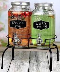 DESCRIPTION: (1) GLASS MASON JAR DOUBLE DRINK CONTAINER DISPENSER BRAND/MODEL: ESTILO INFORMATION: BLACK STAND RETAIL$: $40.00 EA SIZE: 1 GALLON EACH