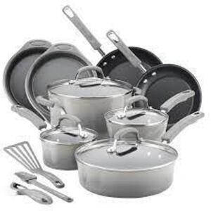 DESCRIPTION: (1) 15 PIECE HARD ENAMEL ALUMINUM NONSTICK COOKWARE SET BRAND/MODEL: RACHAEL RAY RETAIL$: $115.00 EA QTY: 1