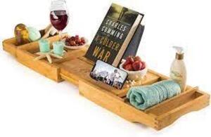 DESCRIPTION: (1) BATHTUB CADDY TRAY BRAND/MODEL: BAMBUSI COLLECTION INFORMATION: BAMBOO NATURAL COLOR RETAIL$: $50.00 EA SIZE: EXPANDS UP TO 43 INCHES