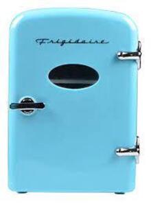 DESCRIPTION: (1) PORTABLE RETRO MINI FRIDGE BRAND/MODEL: FRIGIDAIRE INFORMATION: BABY BLUE RETAIL$: $60.00 EA SIZE: 6 CAN CAP QTY: 1